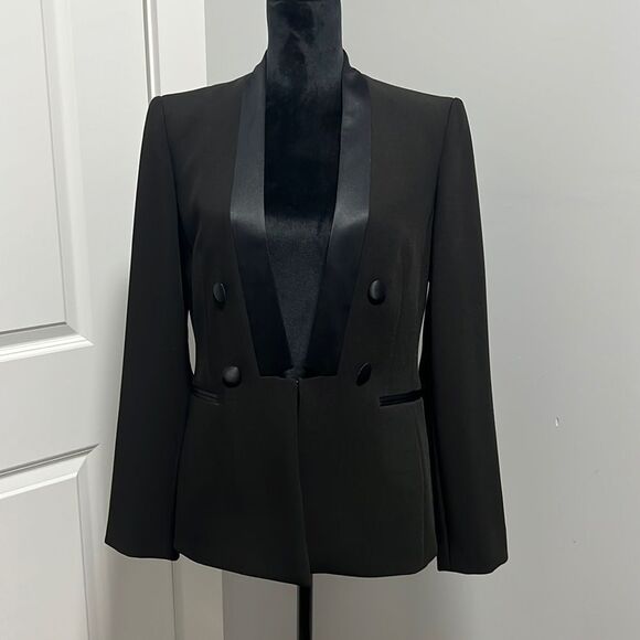 Tahari by ASL black Satin-Lapel Double-Breasted Tuxedo Blazer size 8 - Picture 1 of 7